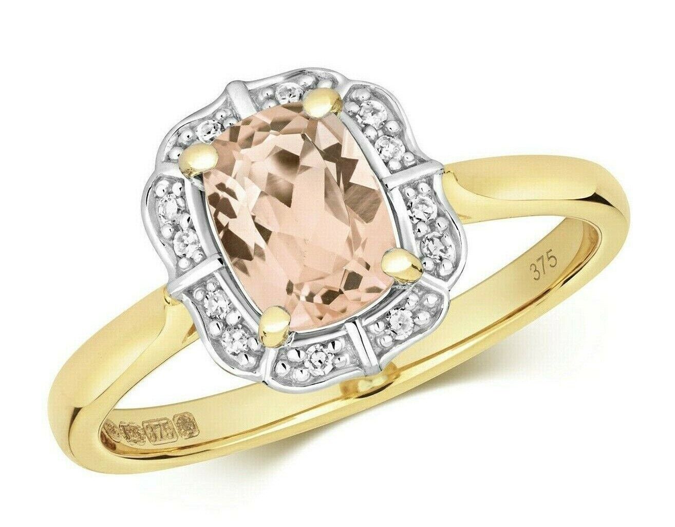 Real Morganite and Diamond Ring Solid Yellow Gold Cushion Cluster Size J - Q