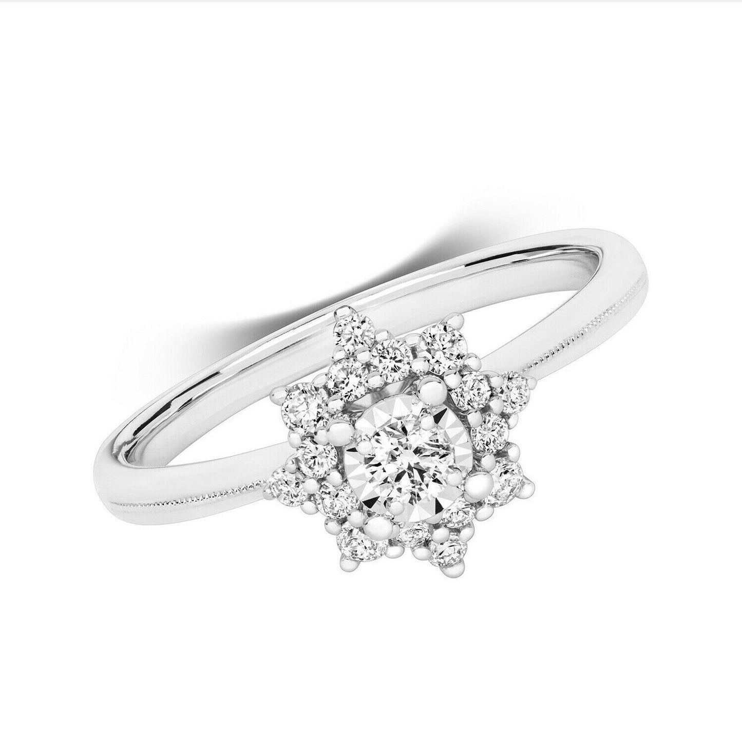 Real Diamond Ring Engagement Cluster 9ct White Gold 0.32ctw Size J - Q