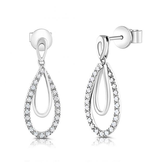 9ct White Gold Pear Drop 0.20ct Diamond Earrings 20mm Length Hallmarked