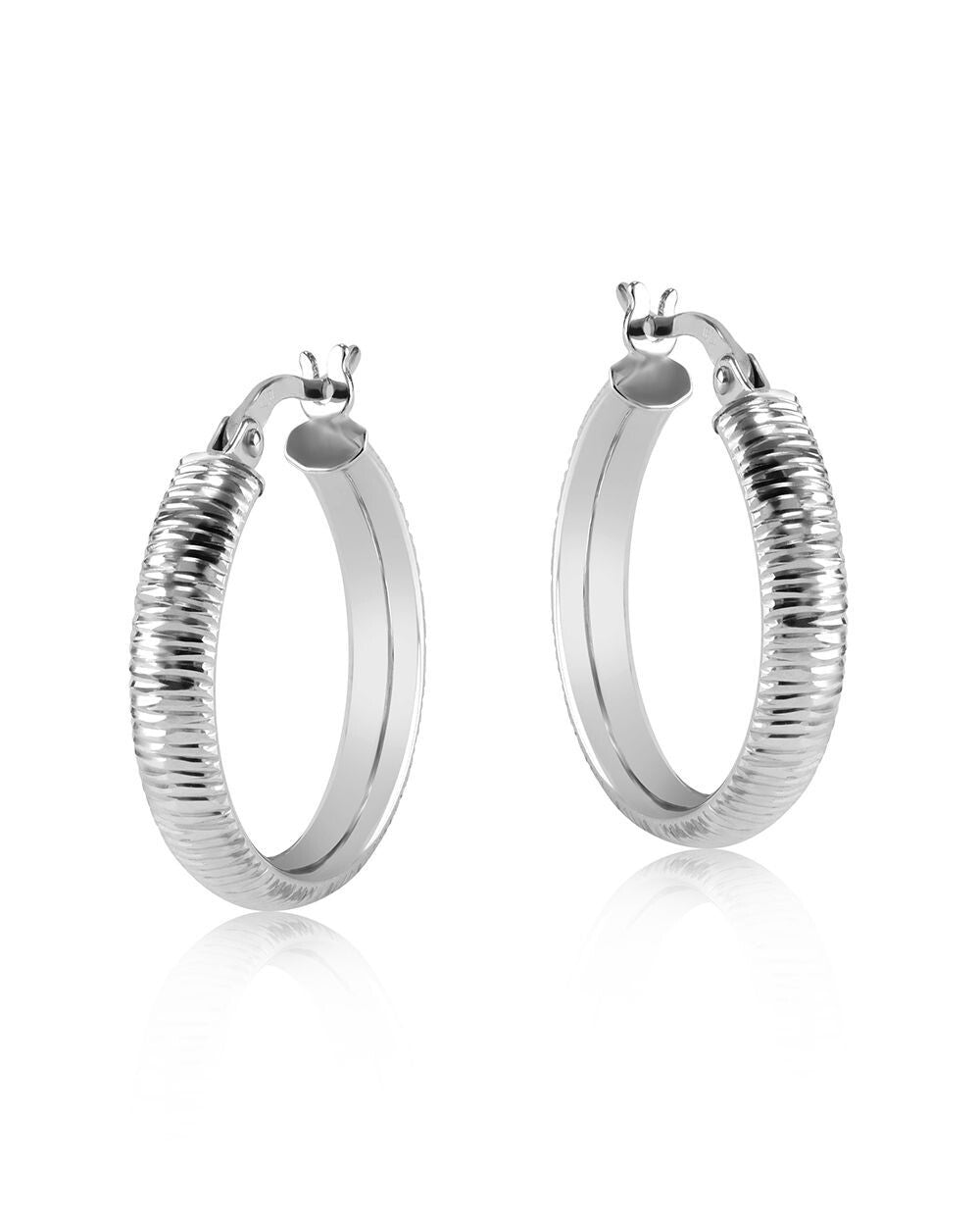 White Gold Ribbed Hoop Earrings 18mm Creole Hoops Hallmarked