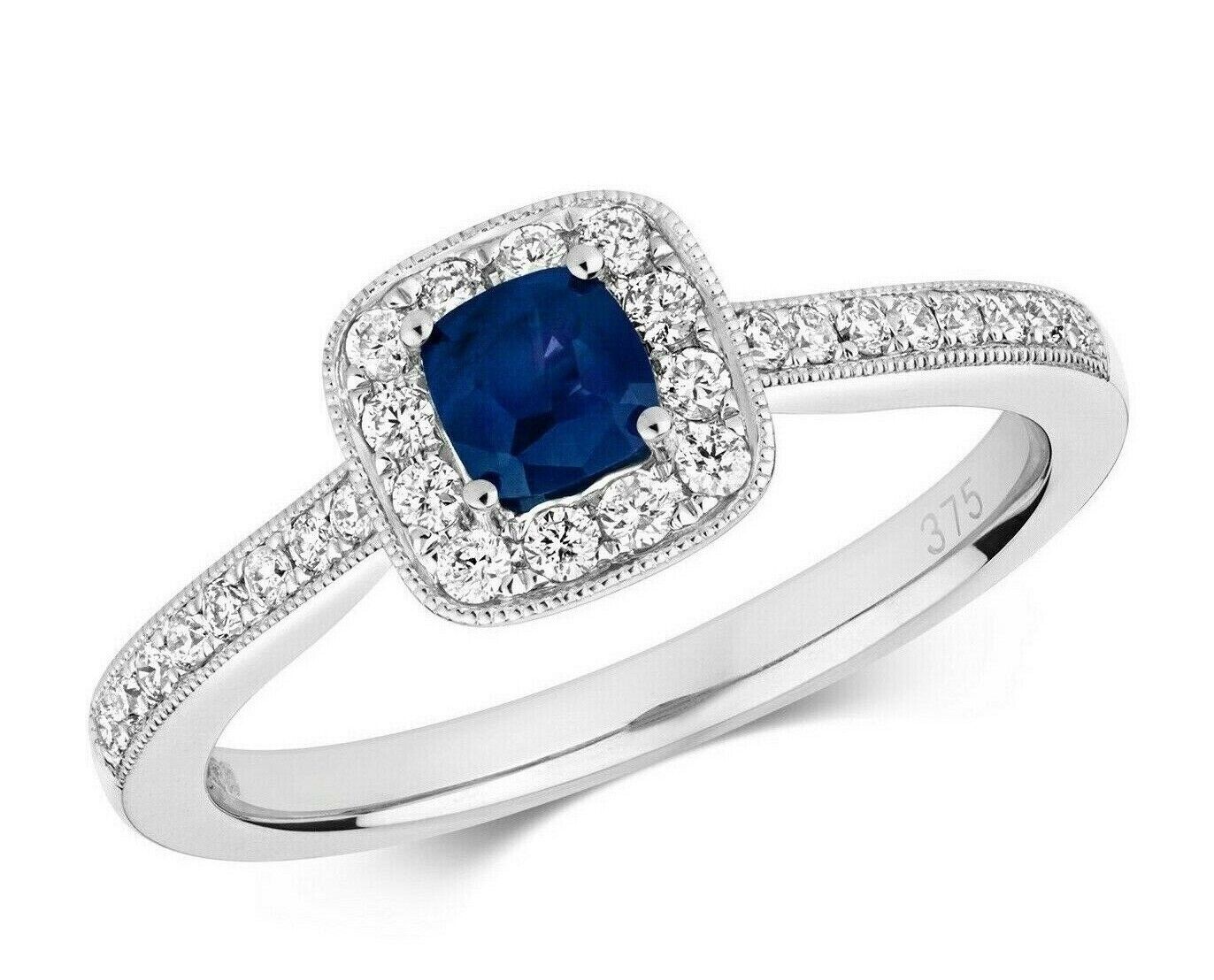 Real Sapphire and Diamond Ring 9ct White Gold Cushion Square Cluster Size J-Q