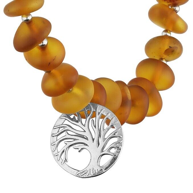Cognac Amber Beads with a Tree of Life Charm Solid Sterling Silver