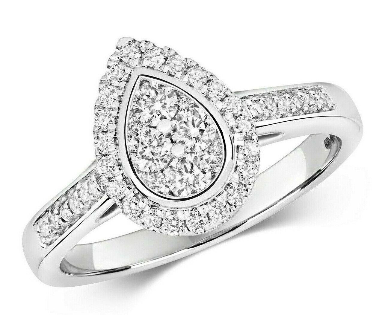 Real Diamond Pear Teardrop Ring 9ct White Gold Halo Cluster 0.50 Carat Weight
