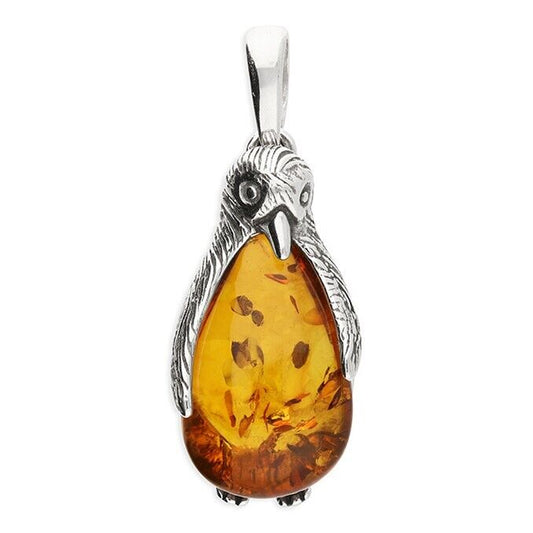 Cognac Amber Penguin Pendant With Chain Solid Sterling Silver 925