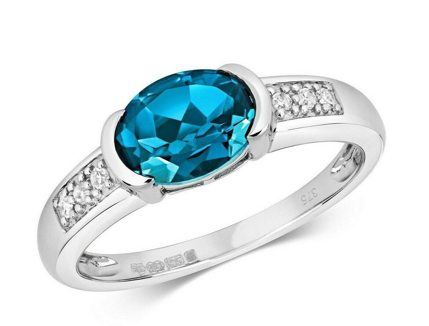 Real London Blue Topaz and Diamond Ring Solid White Gold 8 x 6mm Oval Solitaire