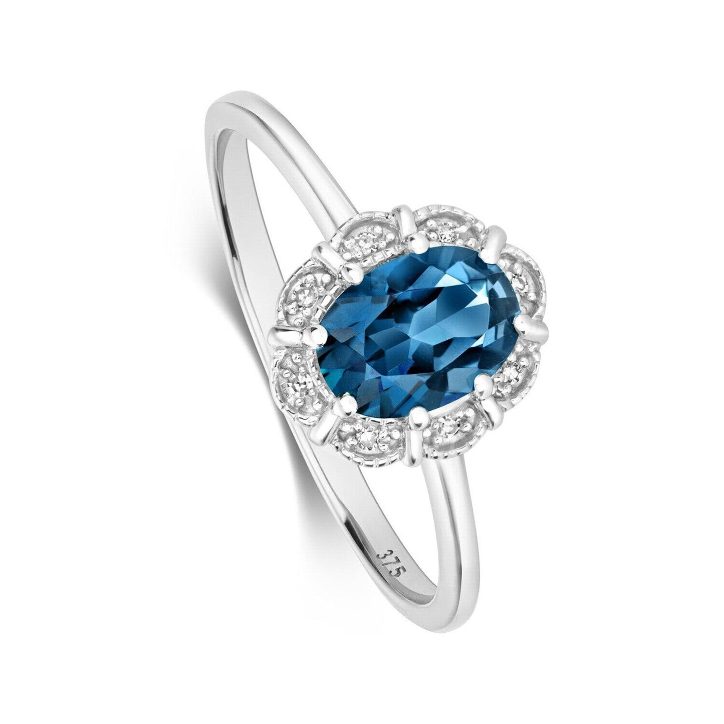 Real London Blue Topaz and Diamond Ring Solid White Gold Cluster Size J - Q