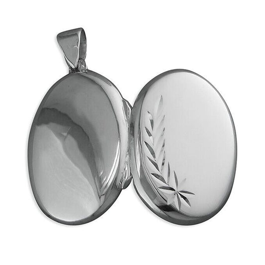 Oval Locket Plain Oval With Diamond-Cut Star and Leaves Sterling Silver