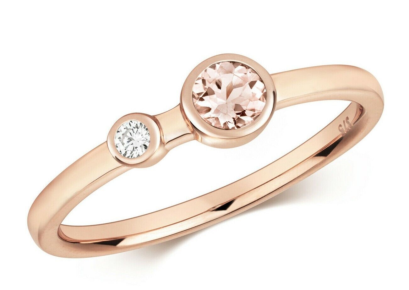Real Morganite and Diamond Ring Solid Rose Gold Solitaire Band Size J - Q