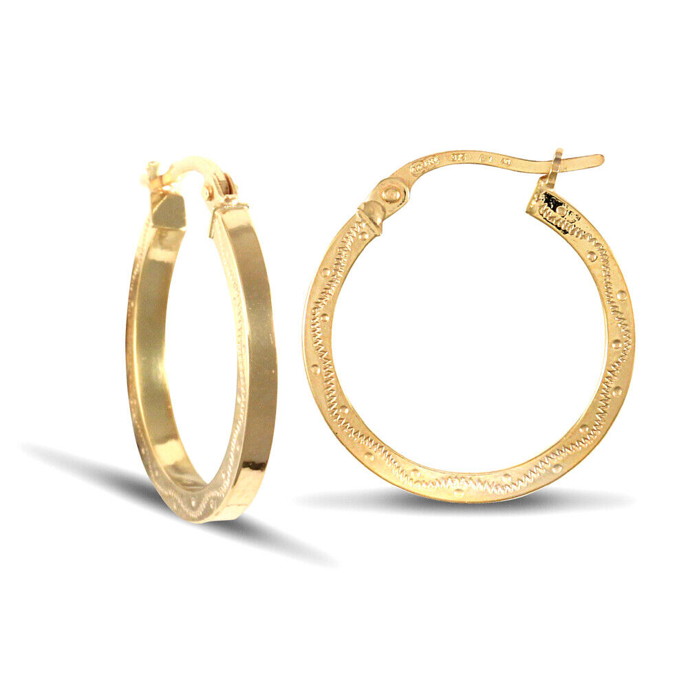 9ct Yellow Gold Square Engraved Style Earrings British Made Hallmarked 19mm