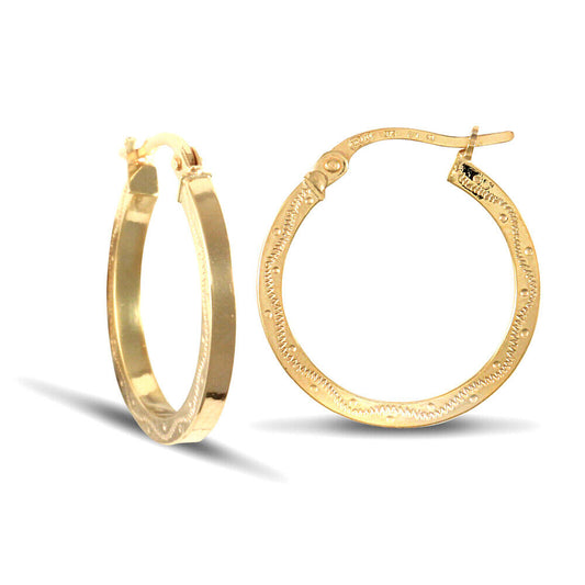 9ct Yellow Gold Square Engraved Style Earrings British Made Hallmarked 19mm