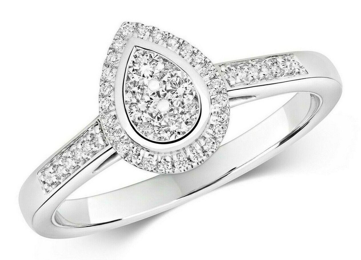 Real Diamond Pear Ring 9ct White Gold Cluster Engagement 0.25ctw