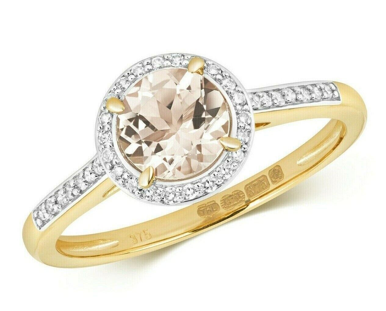 Real Morganite and Diamond Ring Solid Yellow Gold Round Cluster Size JKLMNOPQ