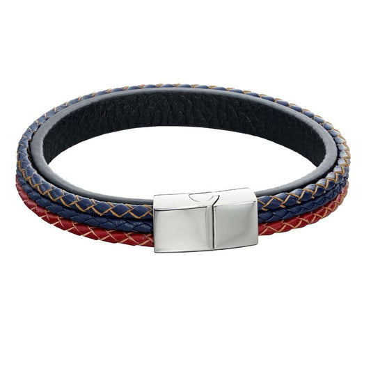 Fred Bennett Woven Blue, Red & Grey Leather Bracelet 22cm B5283