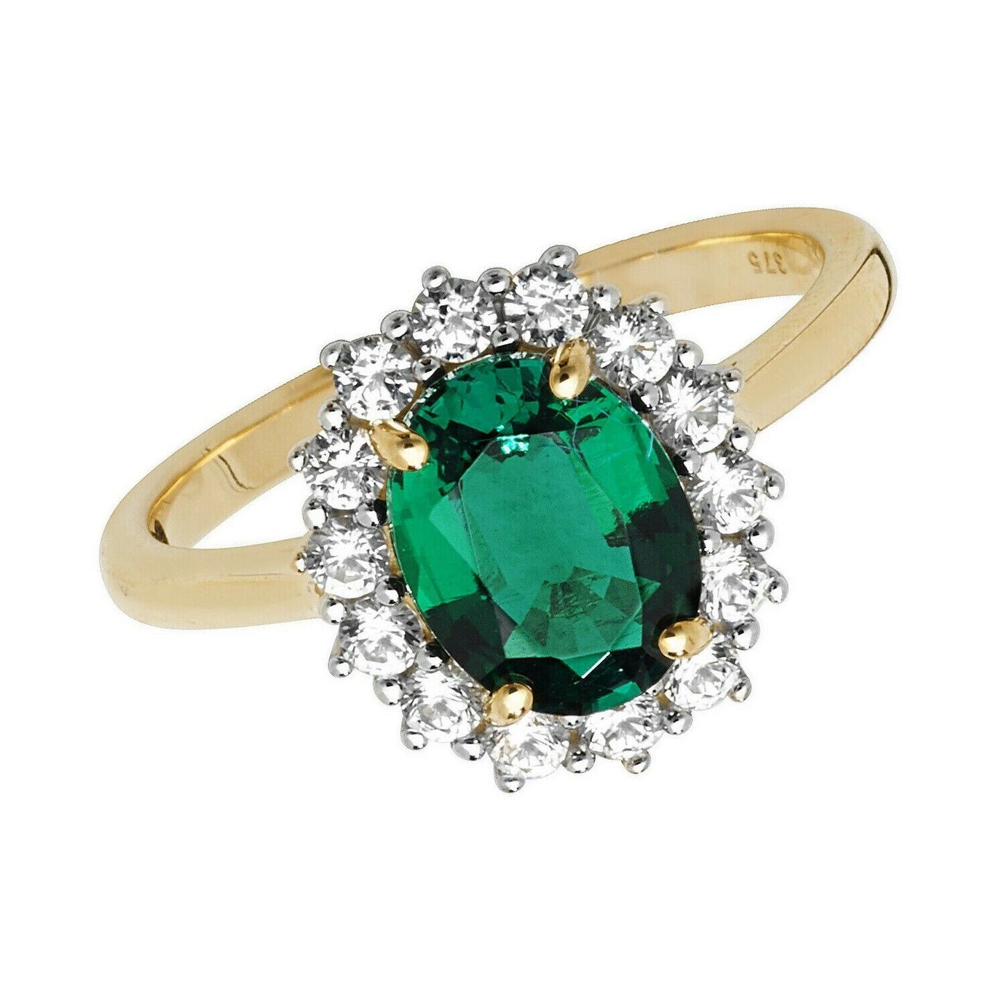 Yellow Gold Emerald Ring White Sapphire Engagement Cluster Dress Hallmarked