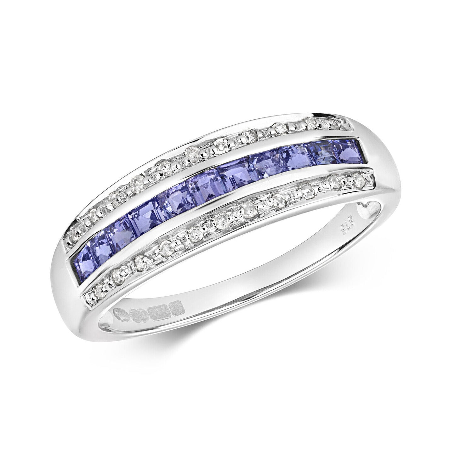 Real Tanzanite and Diamond Eternity Band Ring Solid White Gold Square Princess
