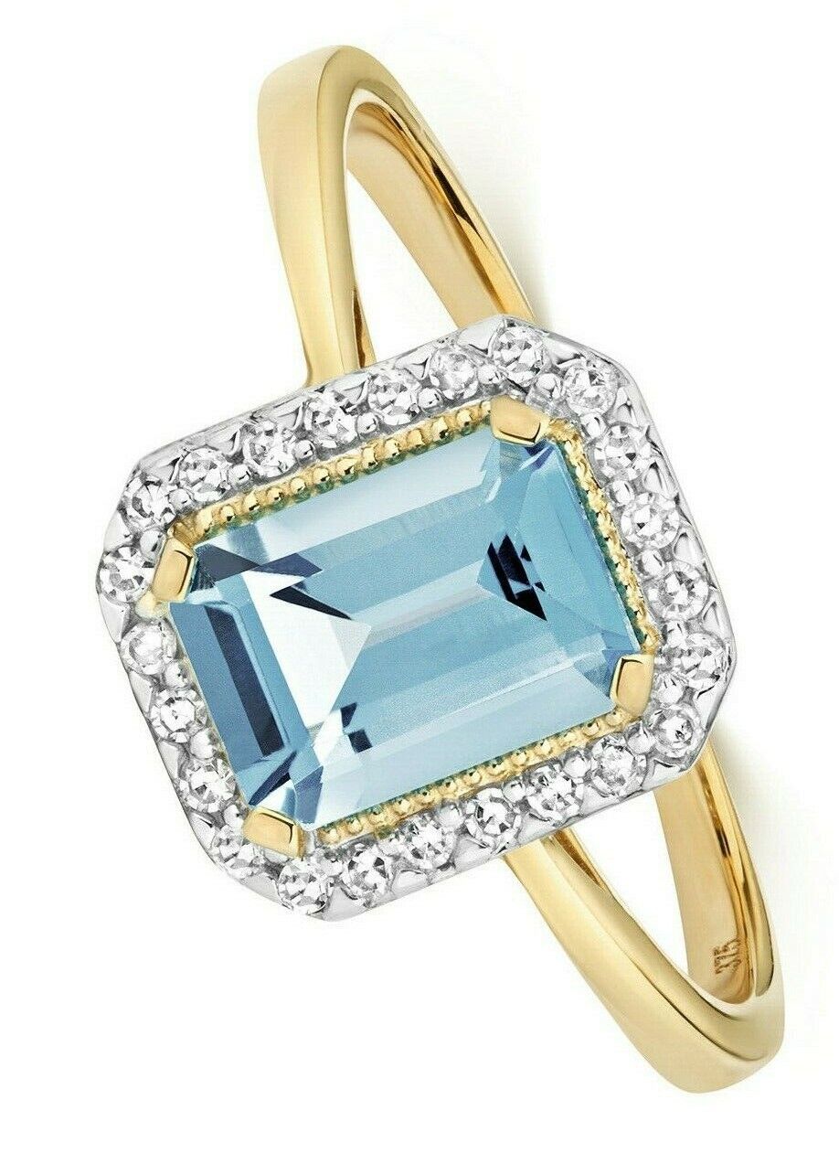 9ct Yellow Gold Blue Topaz and Diamond Ring Emerald Cut Cluster Size JKLMNOPQ