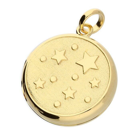 Sterling Silver Locket 18mm Gold-Plated Round-Embossed Polished Stars 18" Chain