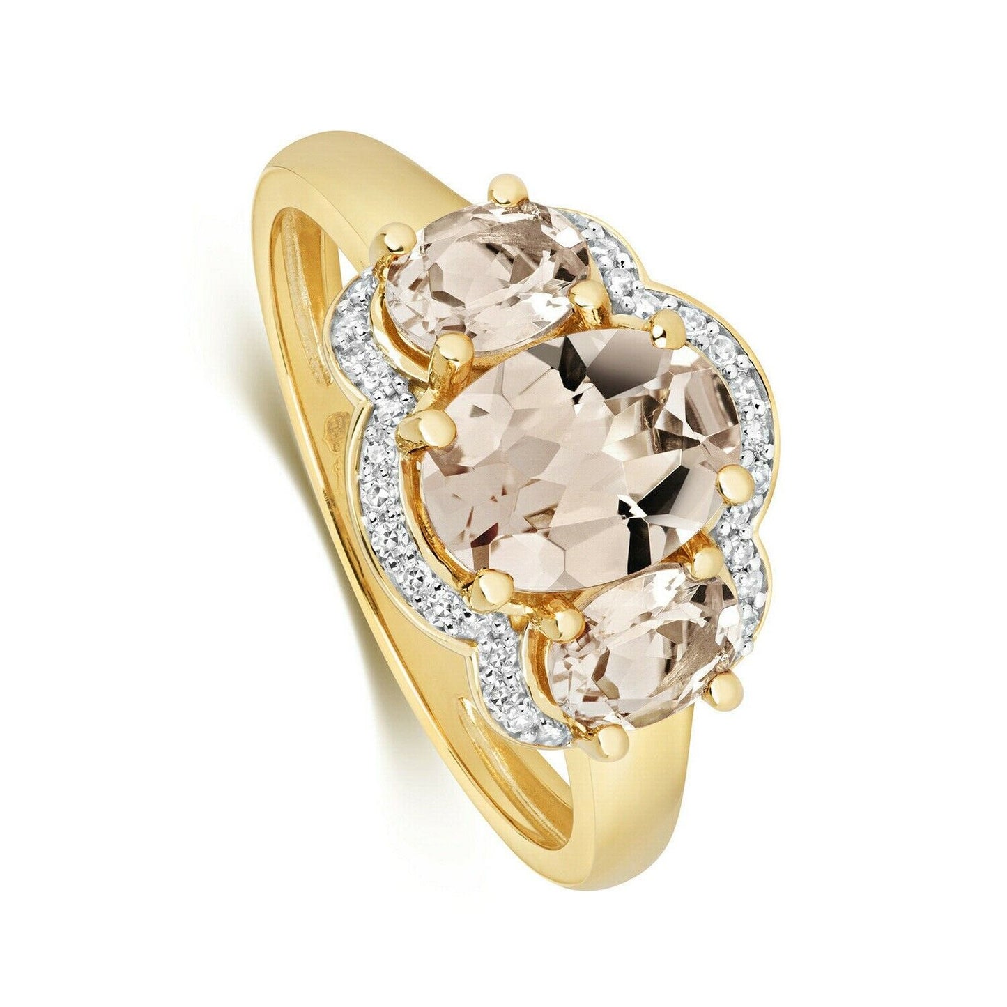 Real Morganite and Diamond Ring 9ct Yellow Gold Three Stone Trilogy Size J - Q