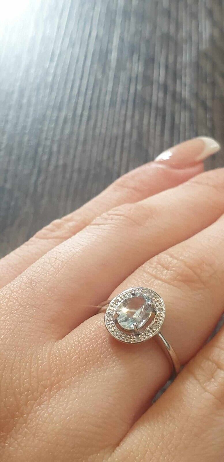 Real Aquamarine and Diamond Ring Solid White Gold Oval Halo Cluster Size J-Q