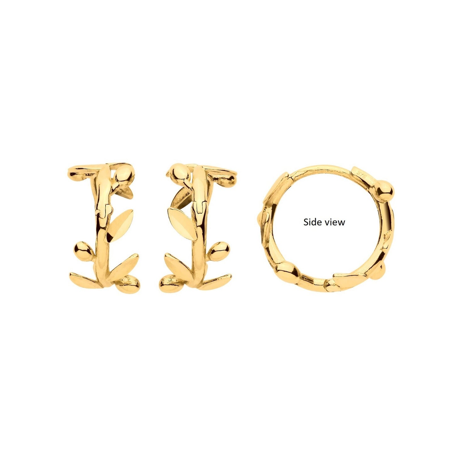 Yellow Gold Huggie Hoop Earrings Leaf With Olive Huggies Hallmarked