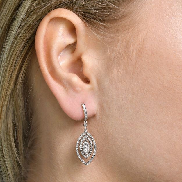 9ct White Gold 1.00ct Diamond Marquise Drop Earrings Hallmarked British Made