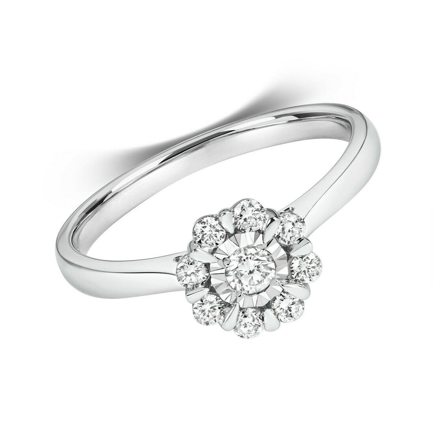 Real Diamond Ring Flower Cluster 9ct White Gold Engagement 0.32ctw Size J - Q