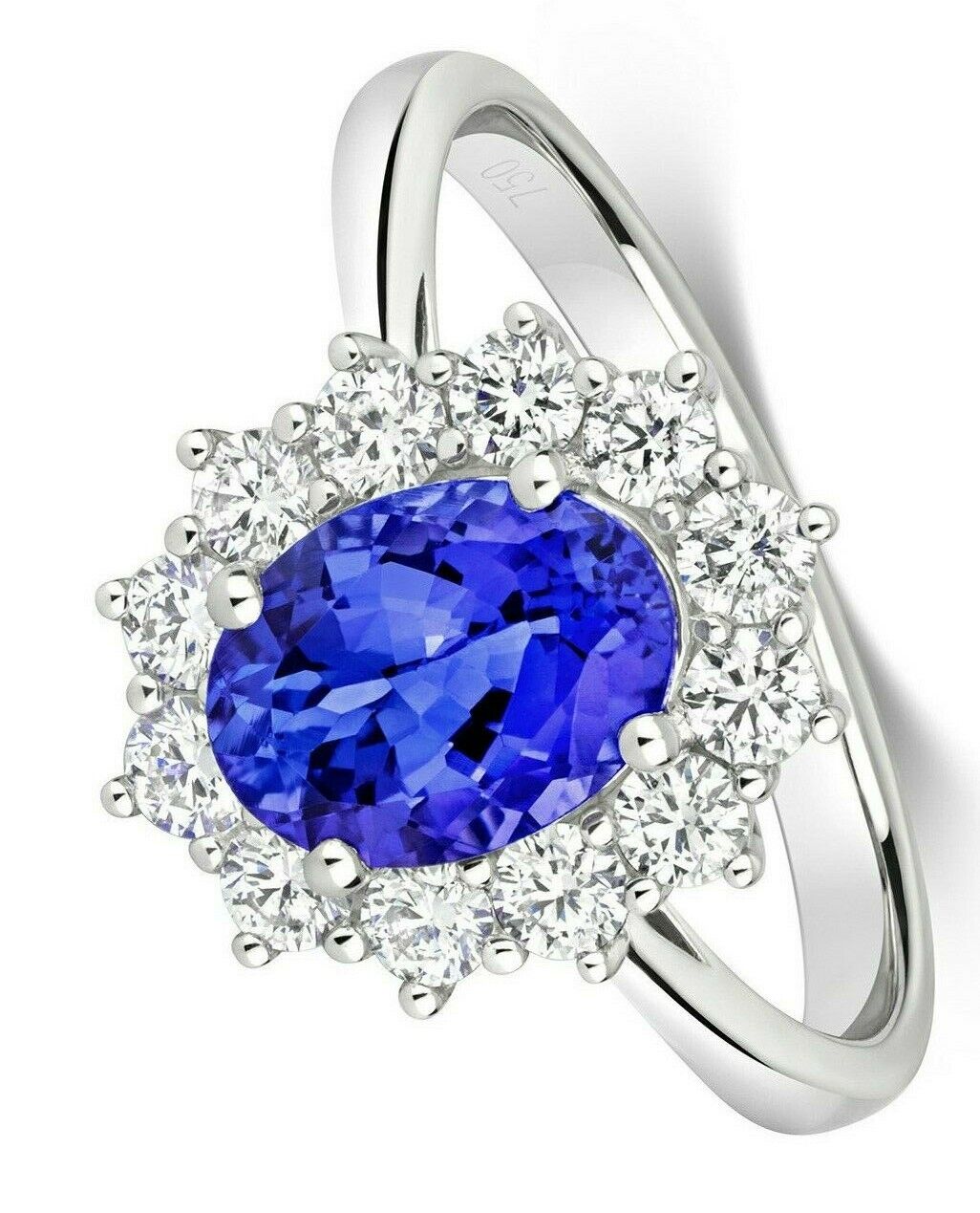 Real Tanzanite and Diamond Ring 18ct White Gold Oval Cluster 1.76 Carat Weight