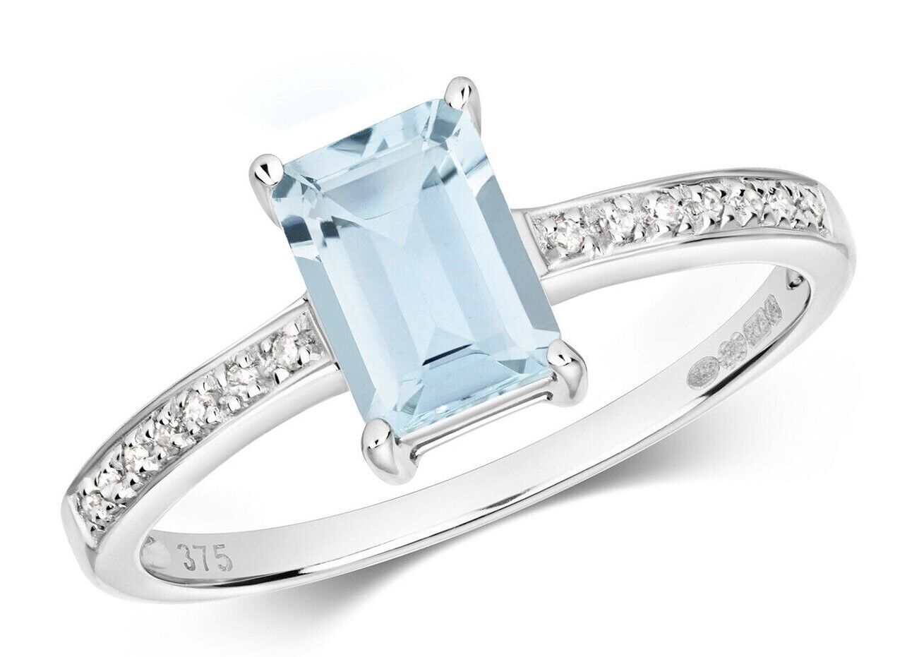 Real Aquamarine and Diamond Ring Solid White Gold Emerald Cut Solitaire Size J-Q