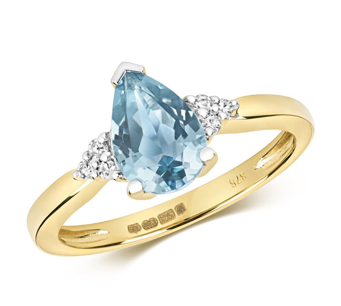 9ct Yellow Gold Blue Topaz and Diamond Ring Pear Solitaire Size J - Q