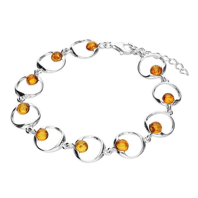 Cognac Amber Open Circle Bracelet Solid Sterling Silver 925 21.5cm