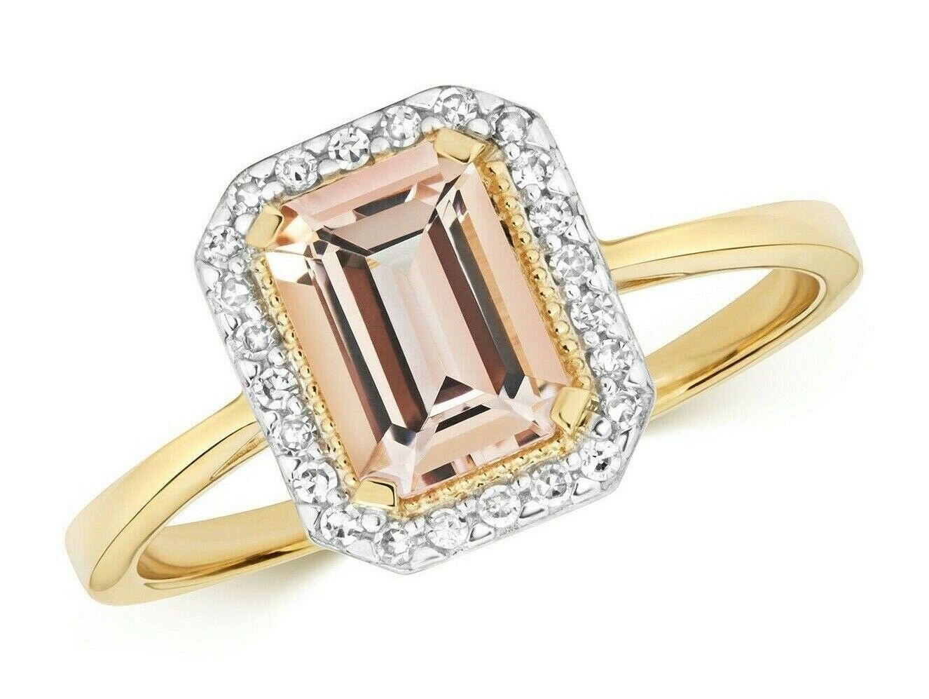 Real Morganite and Diamond Ring Solid Yellow Gold Emerald Cut Size JKLMNOPQ