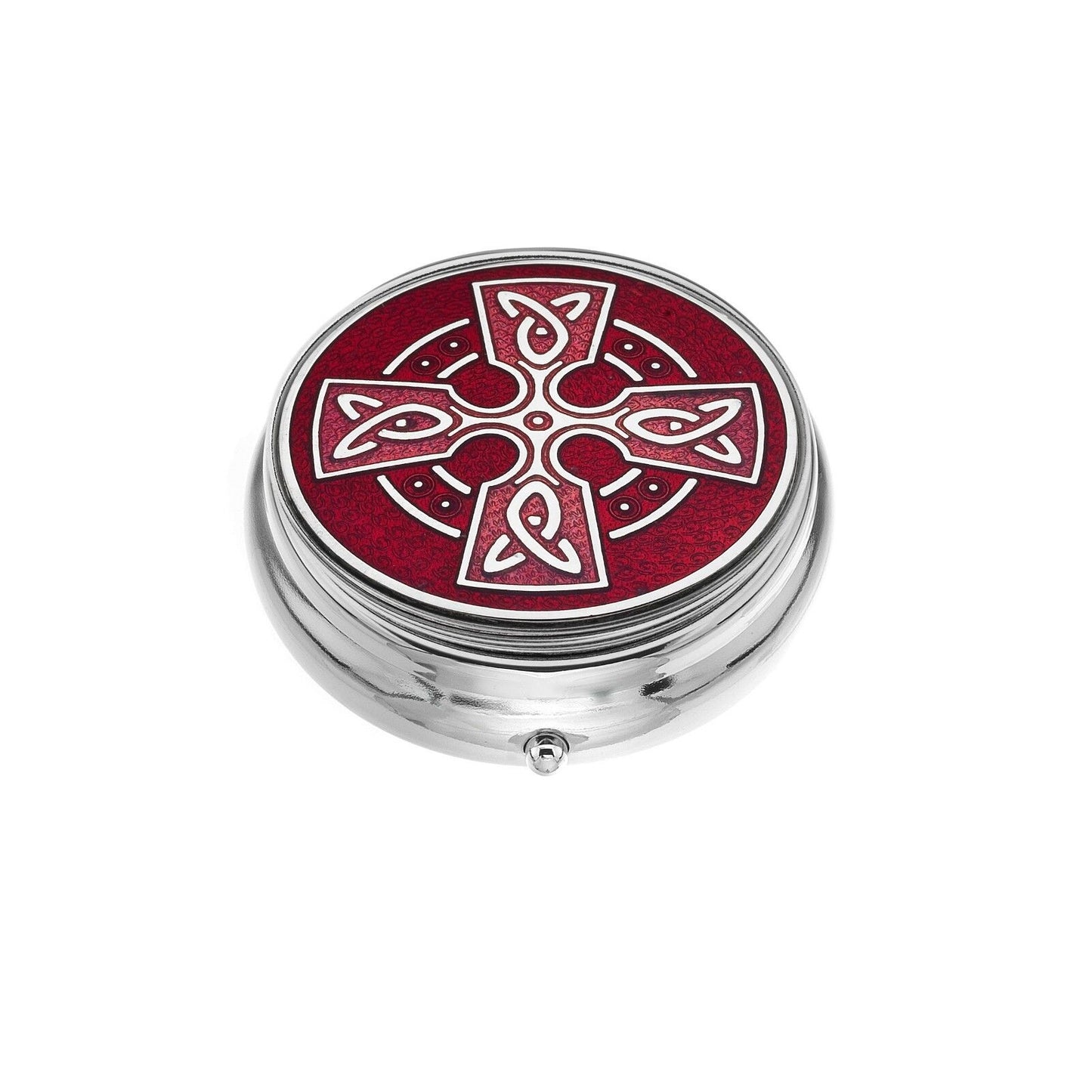 Large Pill Box Silver Plated Celtic Cross Head Red Brand New & Boxed