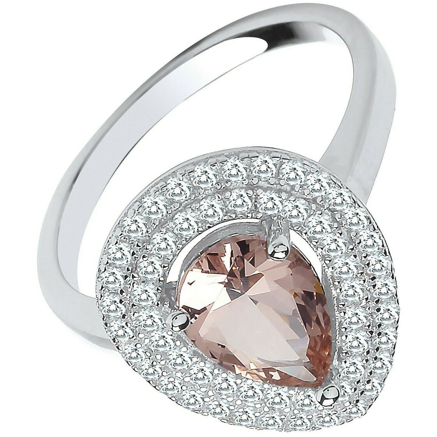 Morganite Pear Halo Ring Sterling Silver 925 Hallmark Rhodium Finish