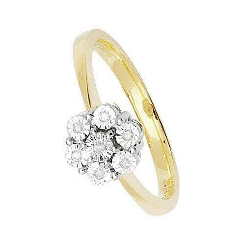 9ct Yellow Gold Diamond Ring Round Illusion Set Cluster Size J K L M N O P Q
