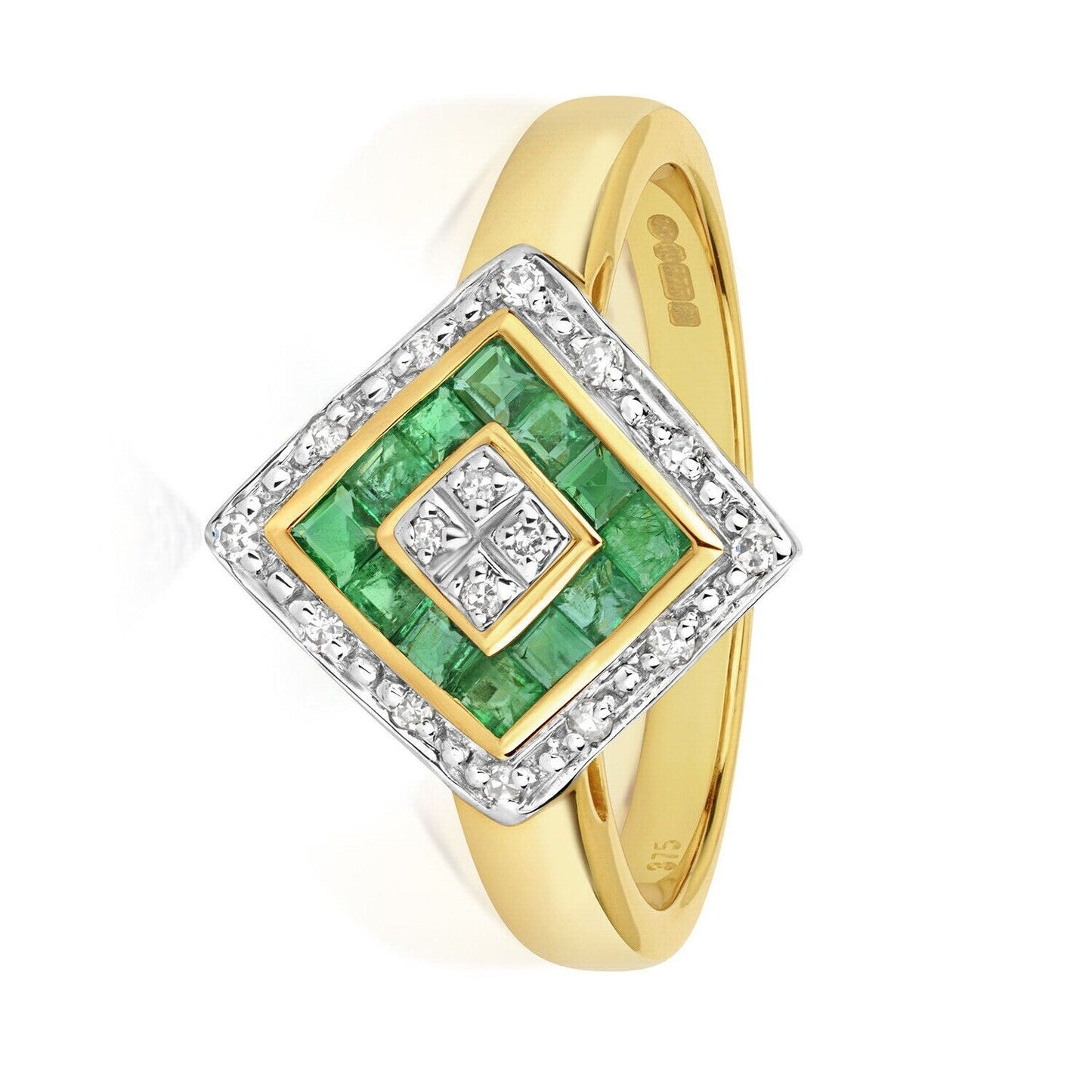 Real Emerald and Diamond Ring Solid Yellow Gold Square Cluster Size JKLMNOPQ