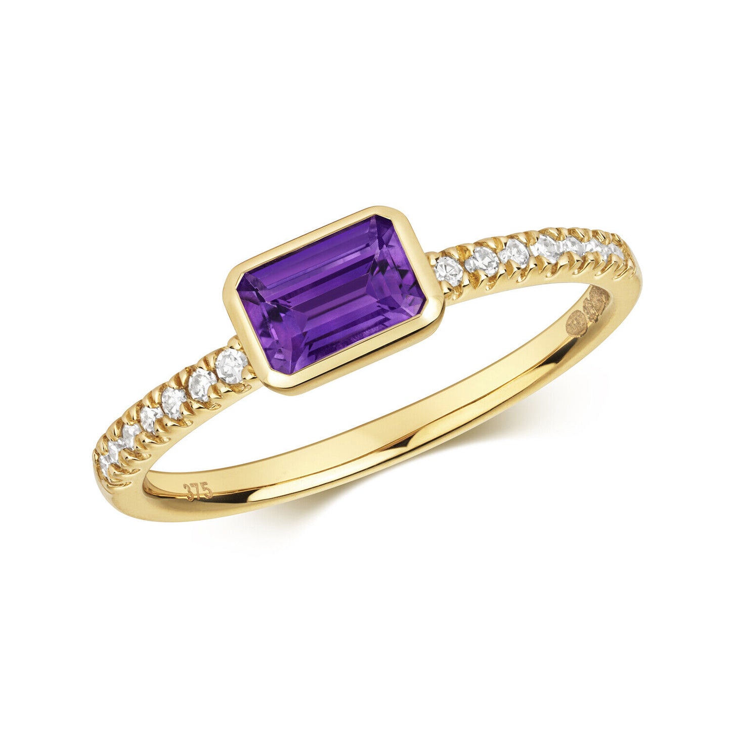 Real Amethyst and Diamond Ring Solid Yellow Gold Emerald Cut Solitaire Size J-Q