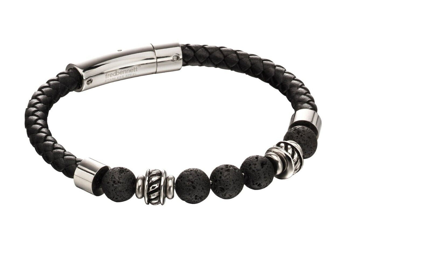 Fred Bennett Black Leather Bracelet with Lava Beads 21.5cm B5097