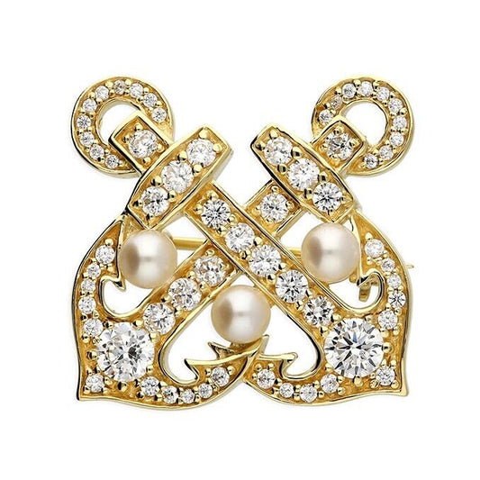 Anchor Brooch Freshwater Pearl CZ Vintage Style Yellow Gold on Solid 925 Silver