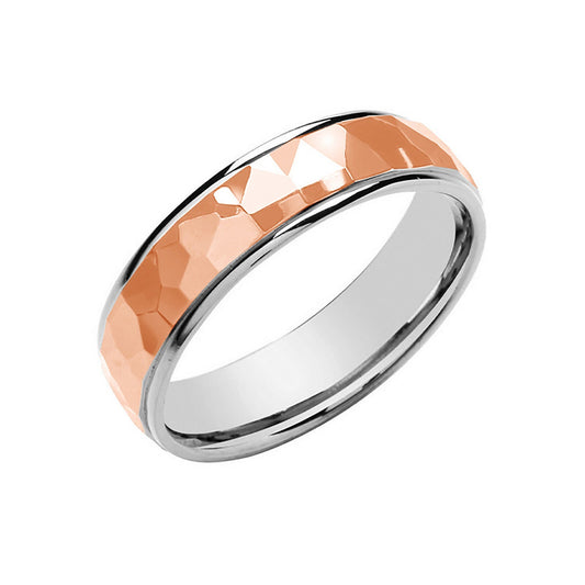 6mm Court Wedding Band Two Colour Hammered Polished Finish 9ct White & Rose Gold