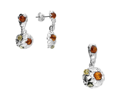 Mixed Amber Flower Dome Pendant and Earrings Set Solid Sterling Silver 925