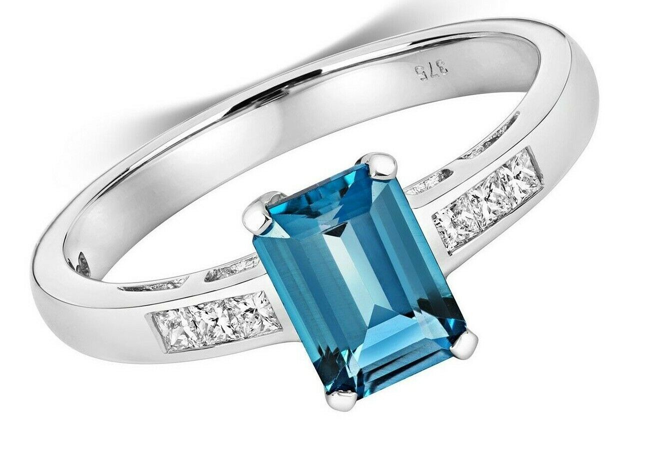 Real London Blue Topaz and Diamond Ring 9ct White Gold Emerald Cut Solitaire