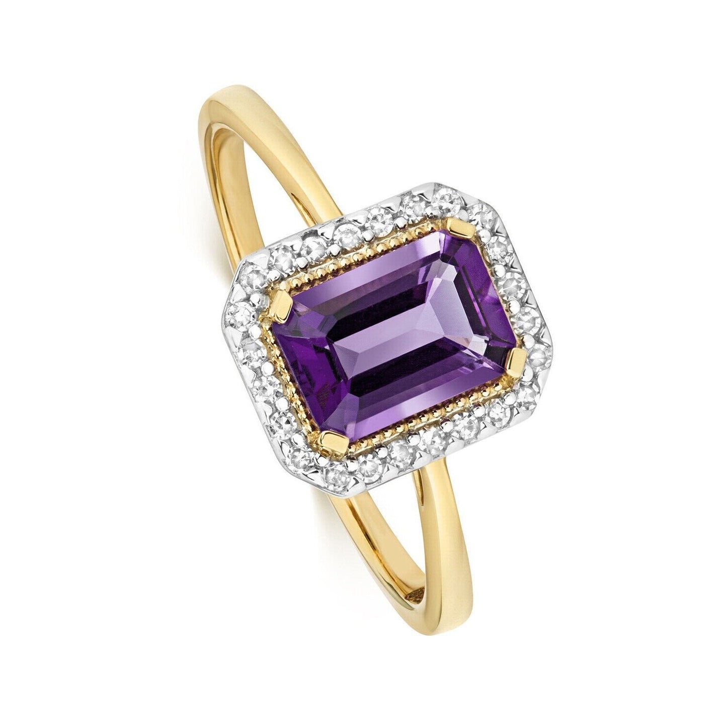 Real Amethyst and Diamond Ring Solid Yellow Gold Emerald Cut Cluster Size J - Q