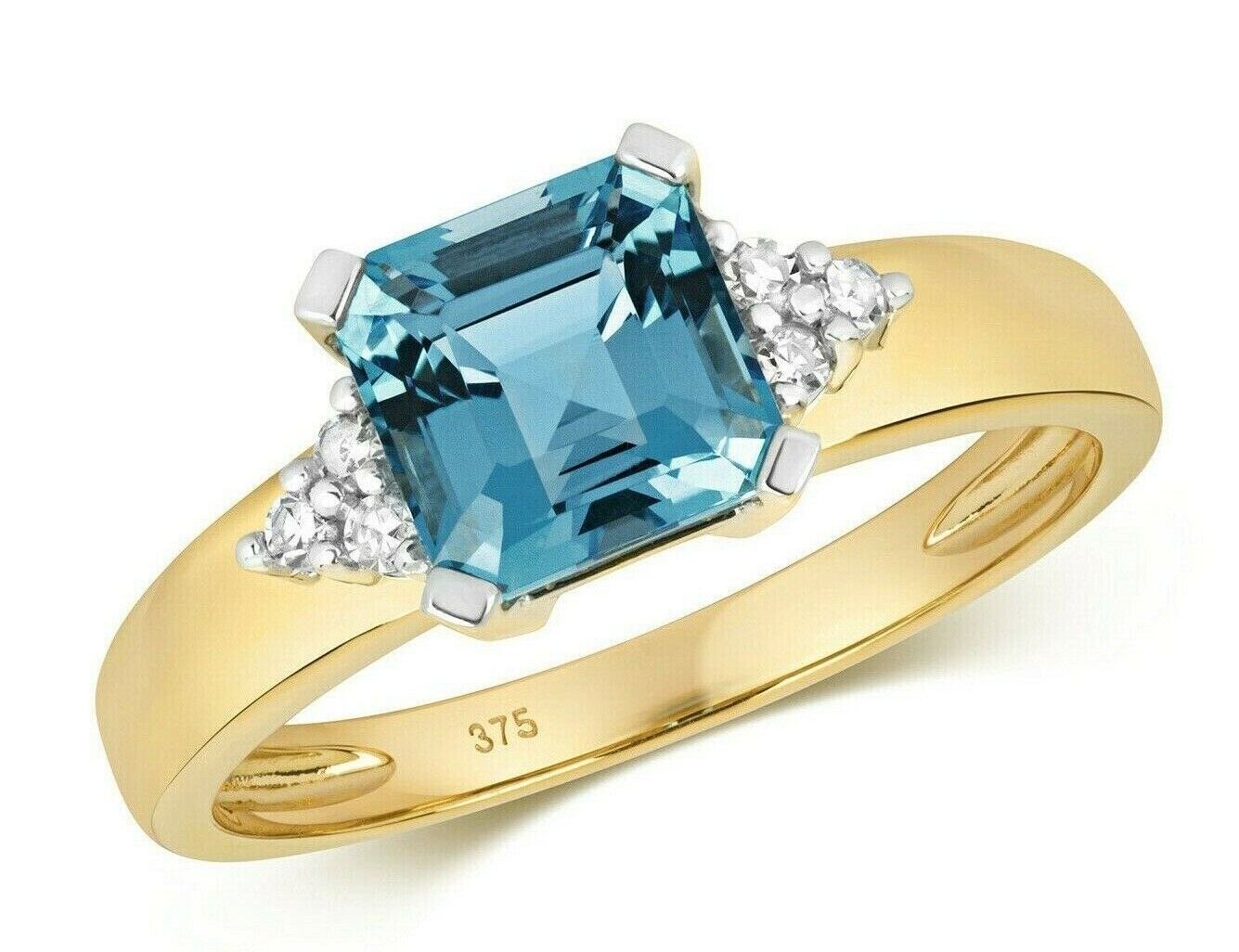 Real Blue Topaz and Diamond Ring Solid Yellow Gold Square Size J K L M N O P Q