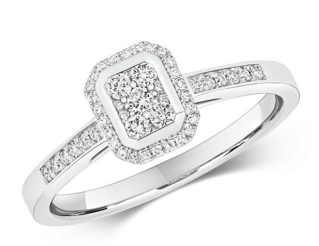 Real Diamond Halo Cluster Ring 9ct White Gold Engagement Rectangular 0.25ctw