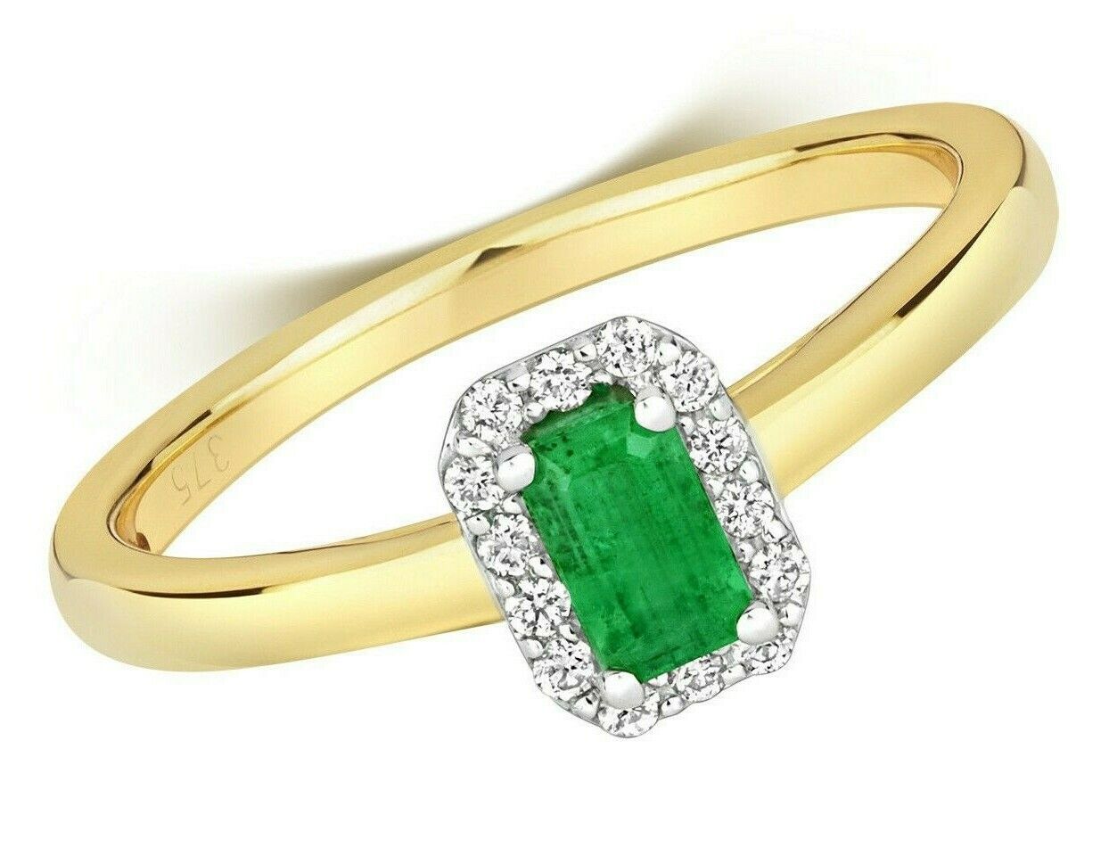 Real Emerald and Diamond Ring 9ct Yellow Gold Octagon Cluster Engagement