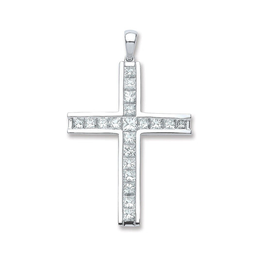 18ct White Gold 1.17ct Princess Cut Diamond Cross Pendant Hallmarked