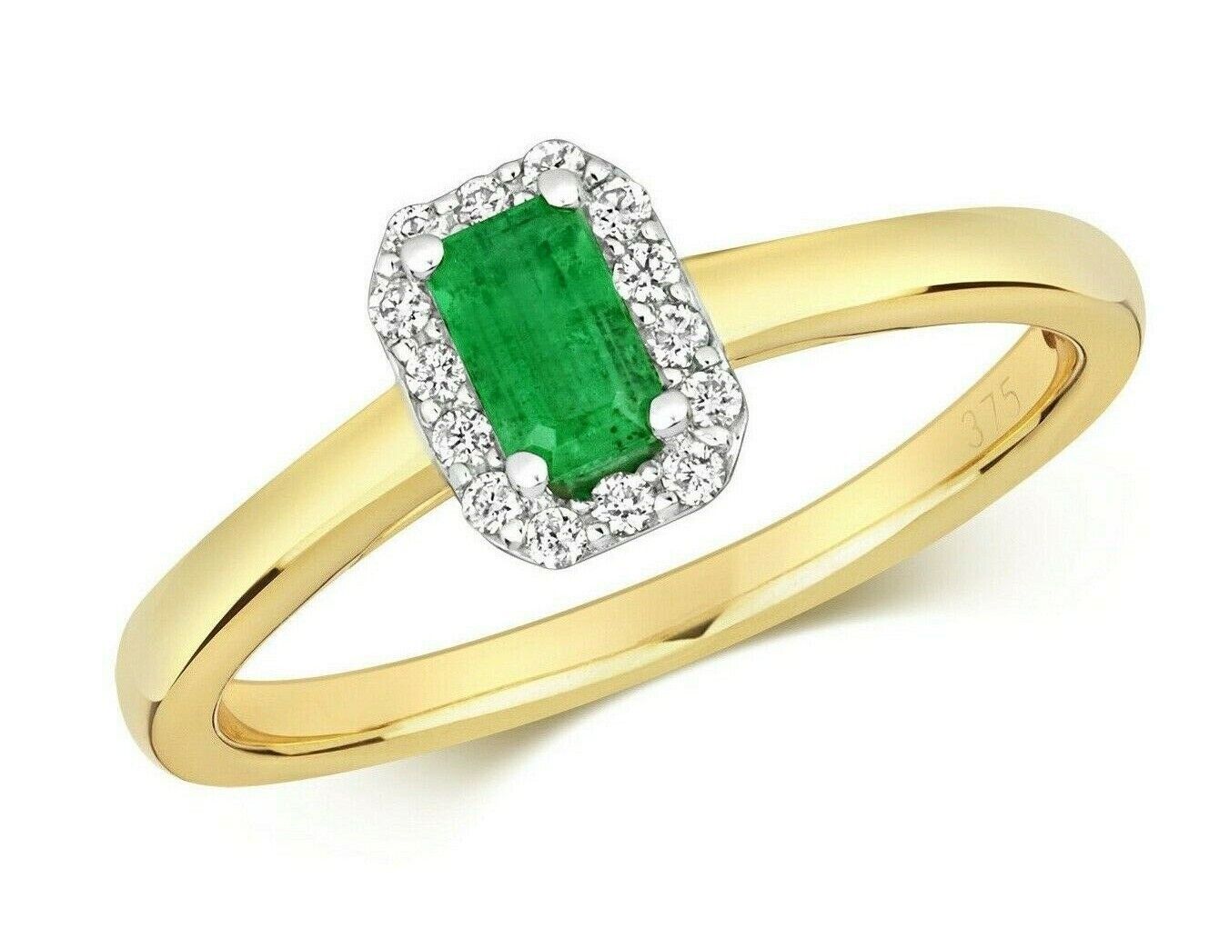 Real Emerald and Diamond Ring 9ct Yellow Gold Octagon Cluster Engagement