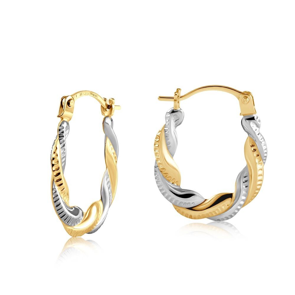 Two Colour Gold Creole Hoop Earrings 9ct Yellow and White Gold Twist Hallmarked