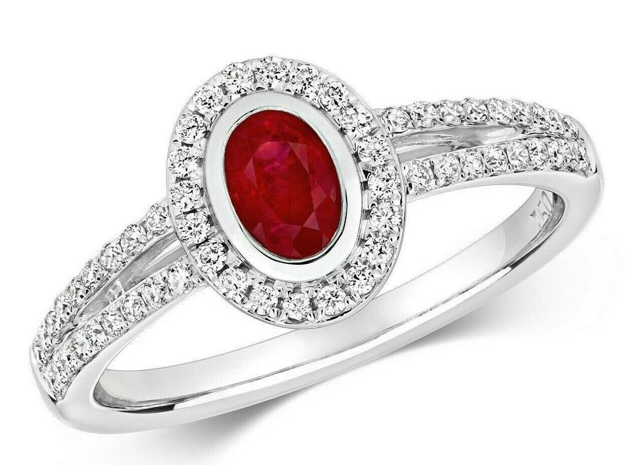 Real Ruby and Diamond Ring 18ct White Gold Cluster Oval Halo Split Shoulders