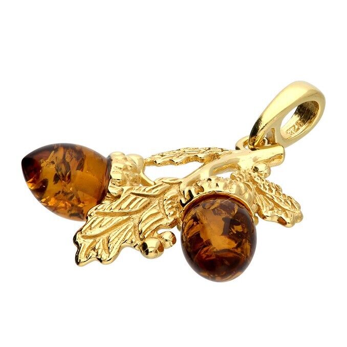 Cognac Baltic Amber Double Acorn Pendant 18ct Yellow Gold on 925 Sterling Silver